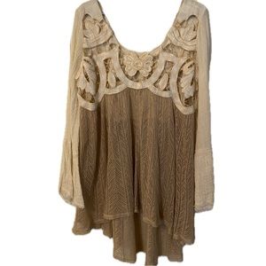 Free People cream and tan embroidered tunic EUC